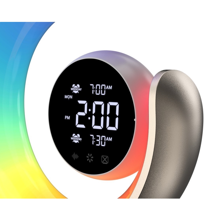 LED RGBW dimmbare Tischlampe mit Wecker PEACOCK LED/20W/5V USB