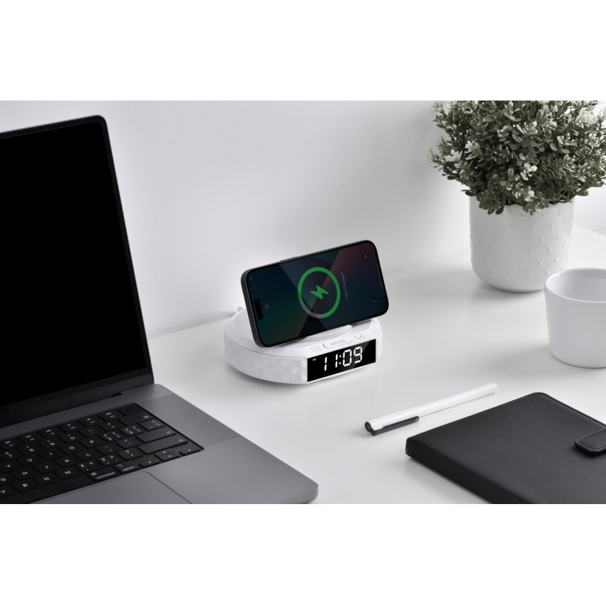 Wecker mit LCD-Display und kabellosem Qi-Ladegerät 27W/9V 220 mAh weiß