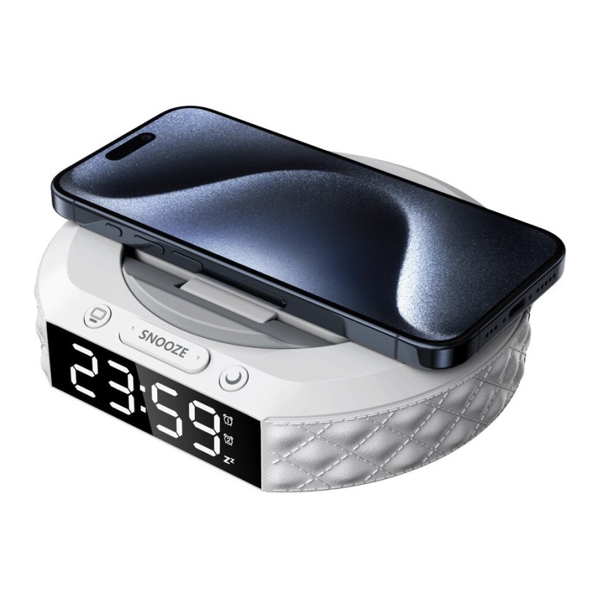 Wecker mit LCD-Display und kabellosem Qi-Ladegerät 27W/9V 220 mAh weiß