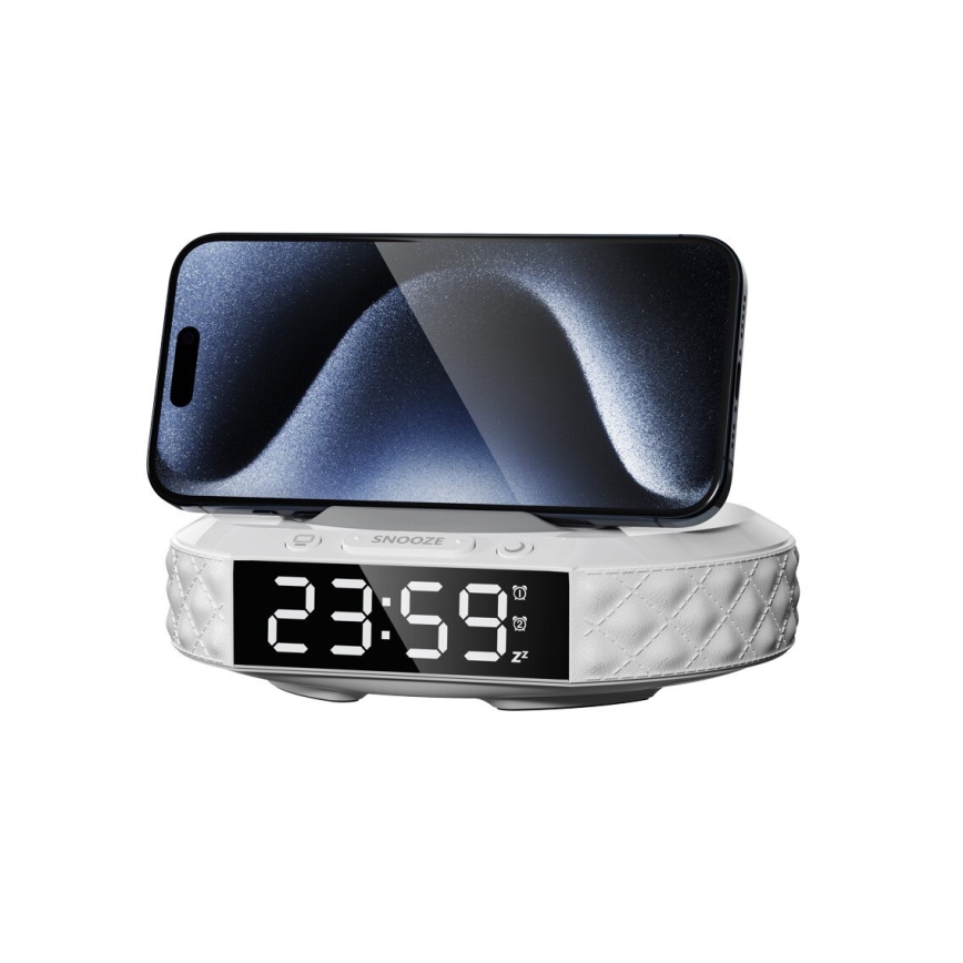 Wecker mit LCD-Display und kabellosem Qi-Ladegerät 27W/9V 220 mAh weiß