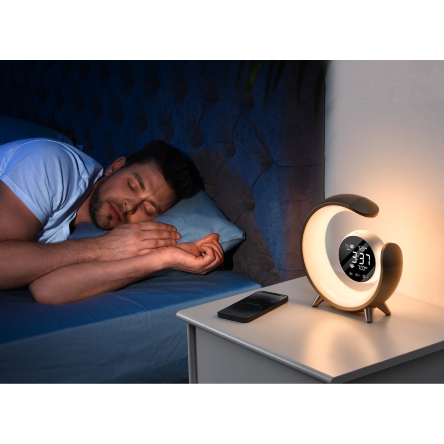 Kleine dimmbare LED-RGBW-Tischleuchte mit Wecker LED/20W/5V USB silbern