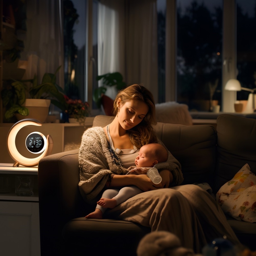 Kleine dimmbare LED-RGBW-Tischleuchte mit Wecker LED/20W/5V USB silbern