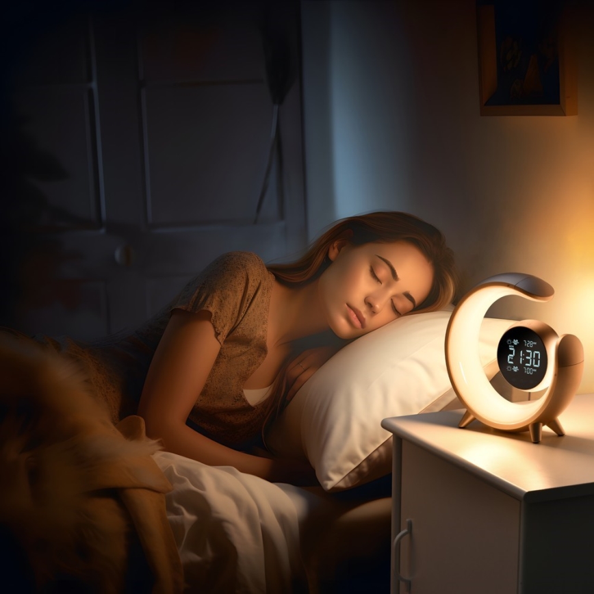 Kleine dimmbare LED-RGBW-Tischleuchte mit Wecker LED/20W/5V USB silbern