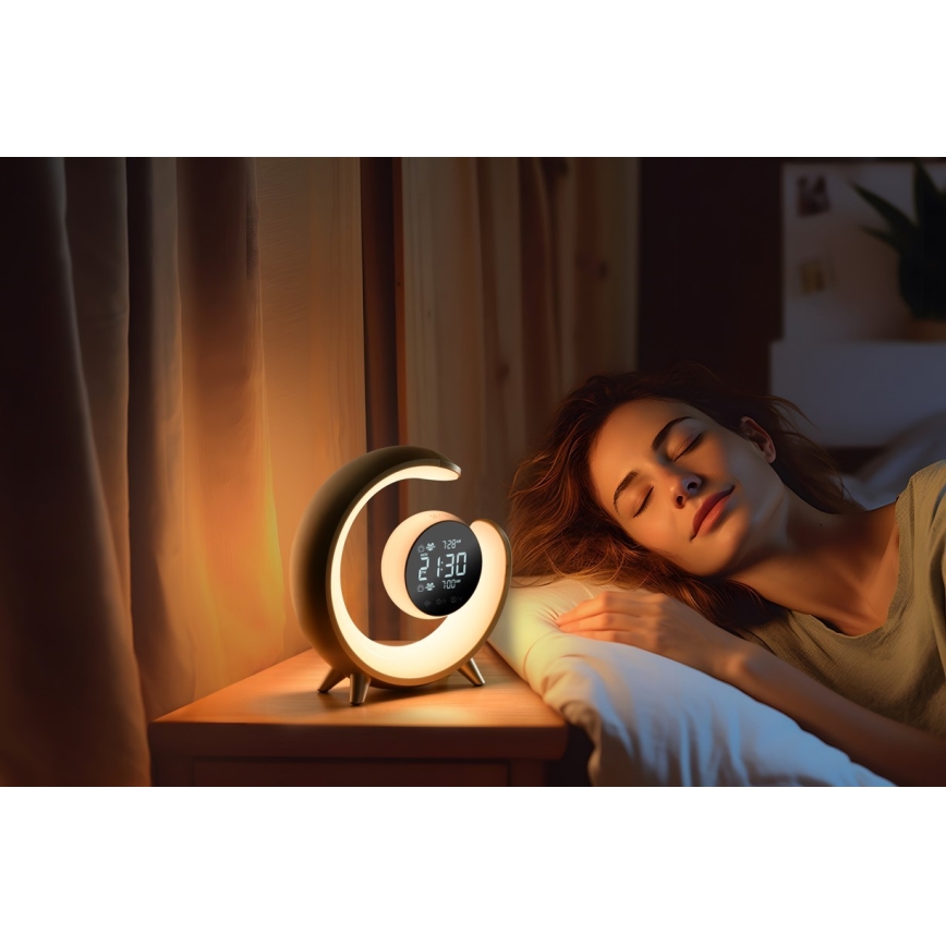 Kleine dimmbare LED-RGBW-Tischleuchte mit Wecker LED/20W/5V USB silbern