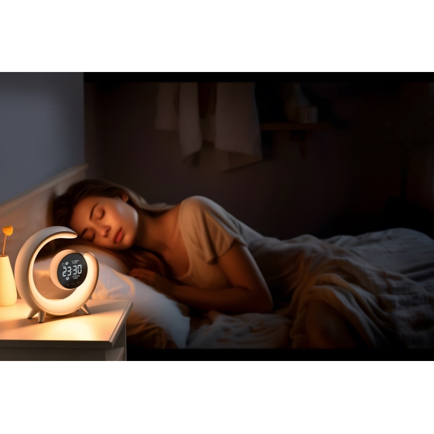 Kleine dimmbare LED-RGBW-Tischleuchte mit Wecker LED/20W/5V USB silbern