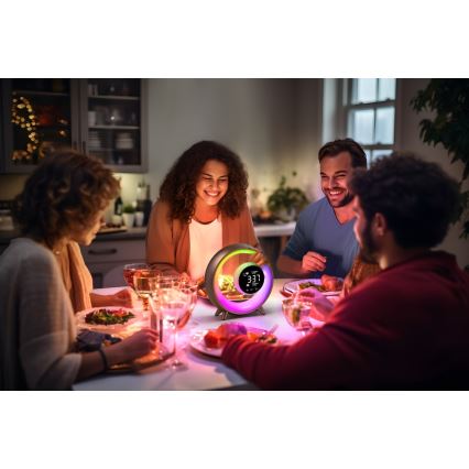 Kleine dimmbare LED-RGBW-Tischleuchte mit Wecker LED/20W/5V USB silbern