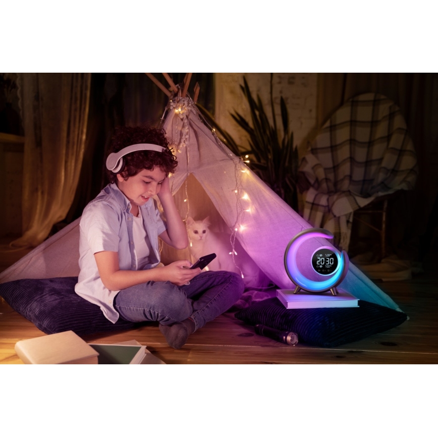 Kleine dimmbare LED-RGBW-Tischleuchte mit Wecker LED/20W/5V USB silbern