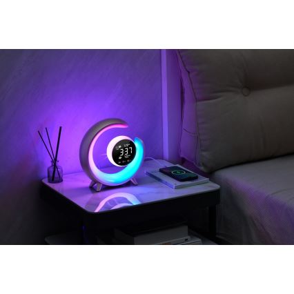 Kleine dimmbare LED-RGBW-Tischleuchte mit Wecker LED/20W/5V USB silbern