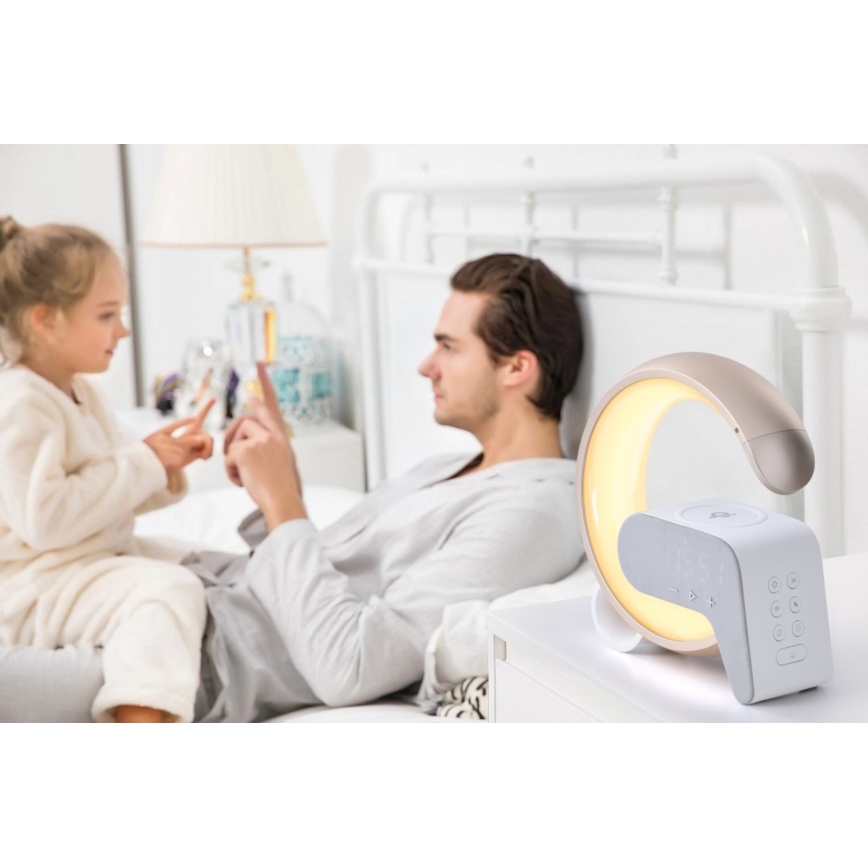 Dimmbare LED-RGB-Tischleuchte mit Wecker und Qi-Aufladung 30W/230V golden