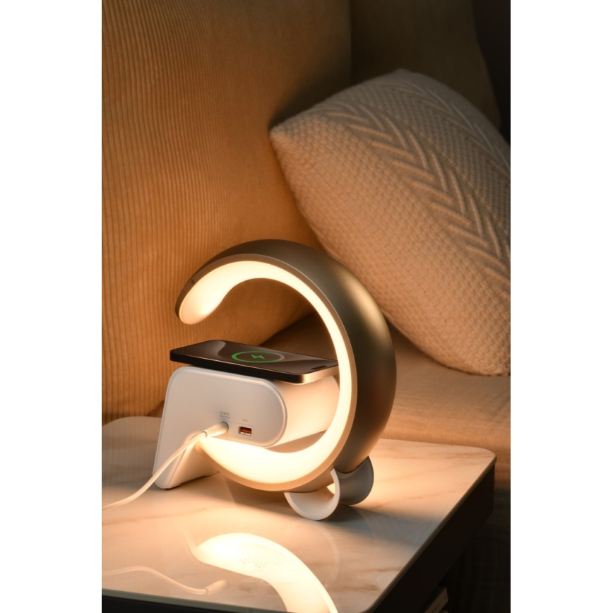 Dimmbare LED-RGB-Tischleuchte mit Wecker und Qi-Aufladung 30W/230V golden