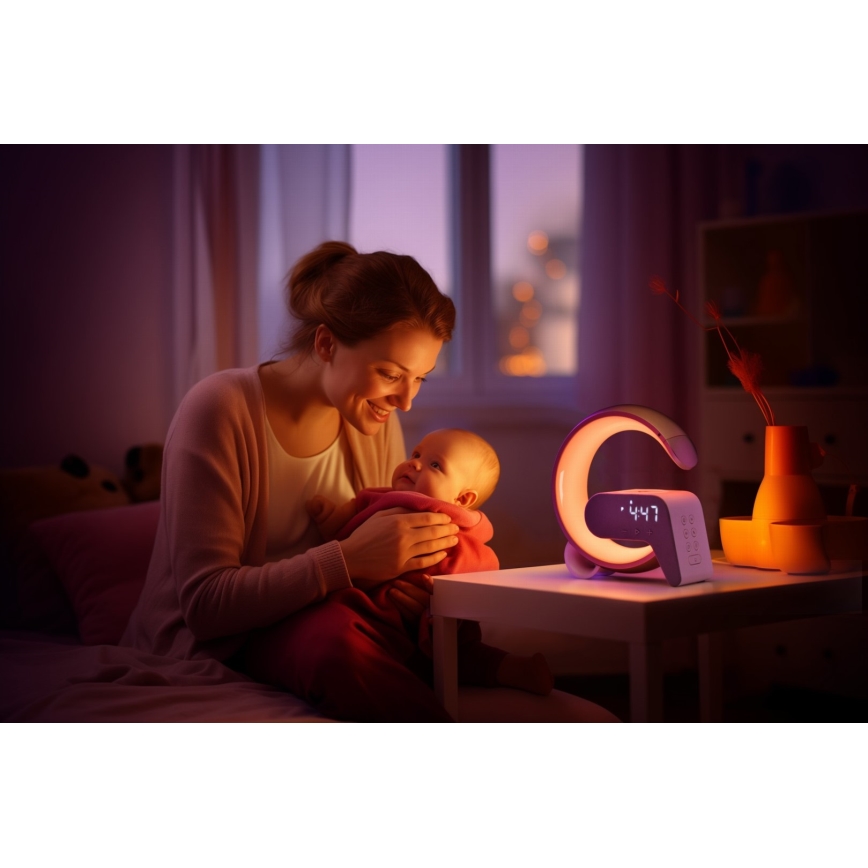 Dimmbare LED-RGB-Tischleuchte mit Wecker und Qi-Aufladung 30W/230V golden