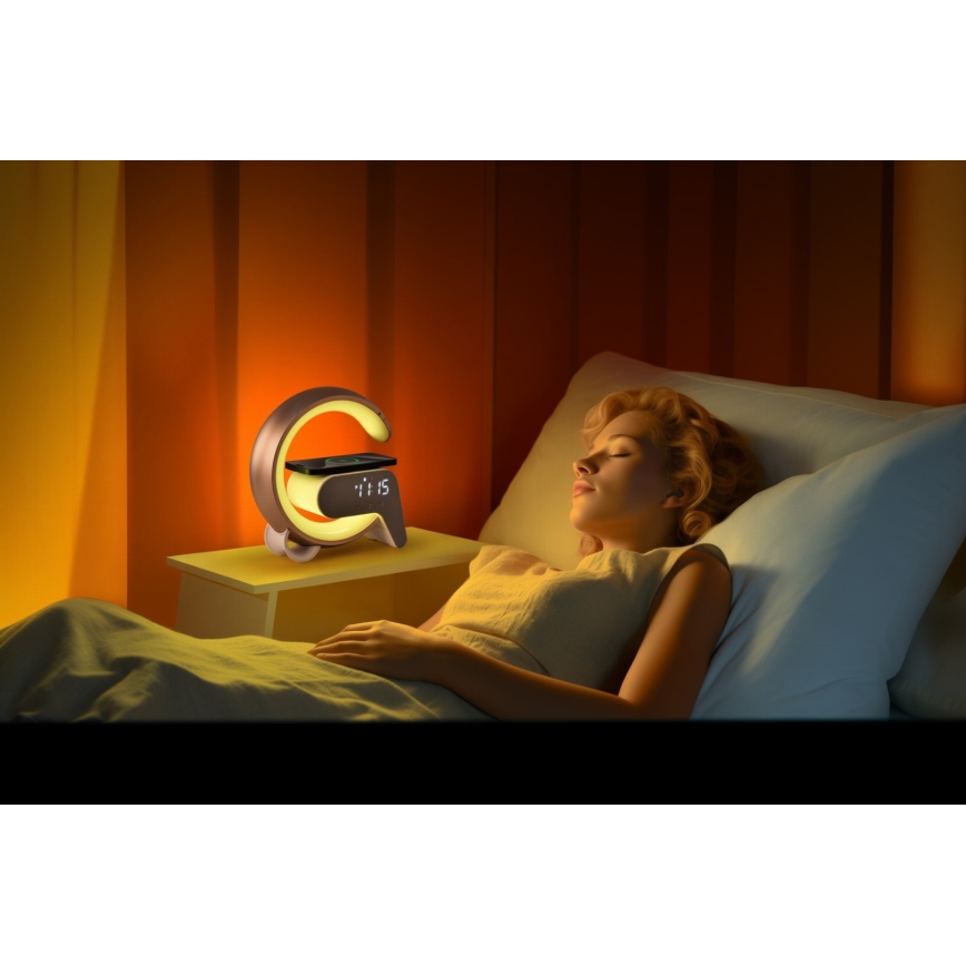 Dimmbare LED-RGB-Tischleuchte mit Wecker und Qi-Aufladung 30W/230V golden