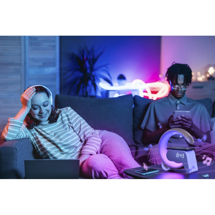 Dimmbare LED-RGB-Tischleuchte mit Wecker und Qi-Aufladung 30W/230V golden