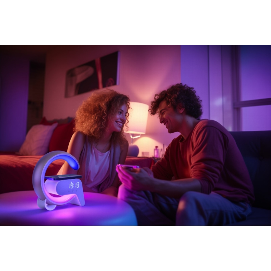 Dimmbare LED-RGB-Tischleuchte mit Wecker und Qi-Aufladung 30W/230V golden