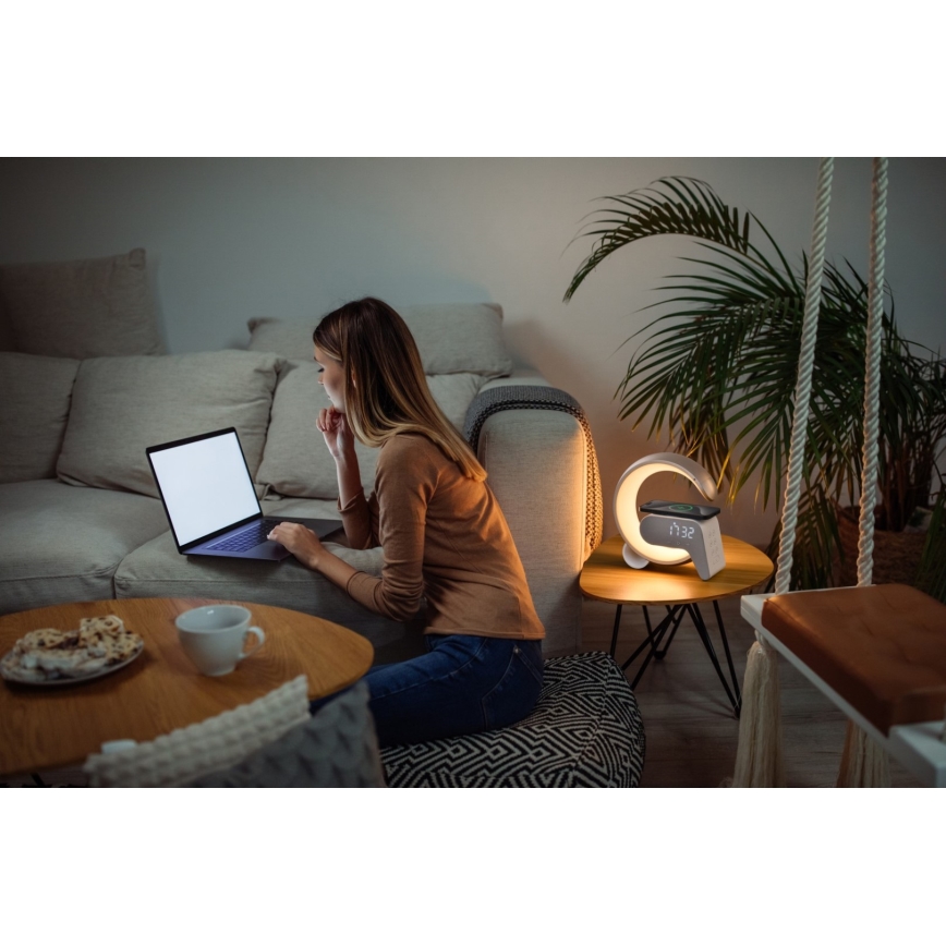 Dimmbare LED-RGB-Tischleuchte mit Wecker und Qi-Aufladung 30W/230V golden