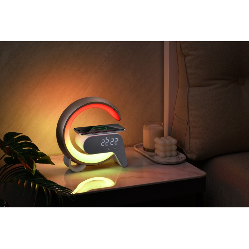 Dimmbare LED-RGB-Tischleuchte mit Wecker und Qi-Aufladung 30W/230V golden