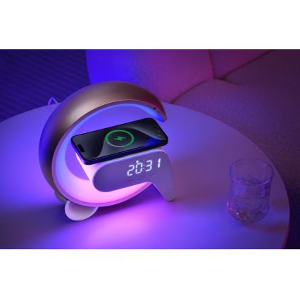 Dimmbare LED-RGB-Tischleuchte mit Wecker und Qi-Aufladung 30W/230V golden