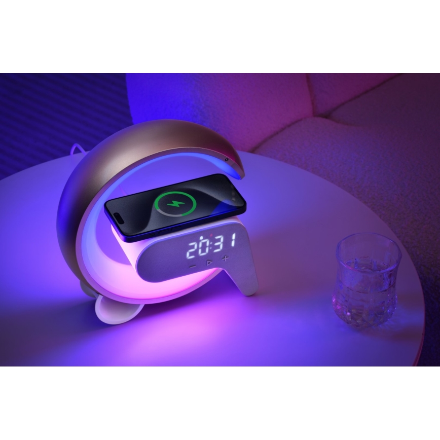 Dimmbare LED-RGB-Tischleuchte mit Wecker und Qi-Aufladung 30W/230V golden