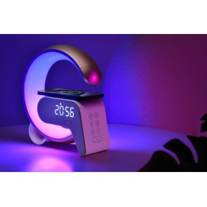 Dimmbare LED-RGB-Tischleuchte mit Wecker und Qi-Aufladung 30W/230V golden