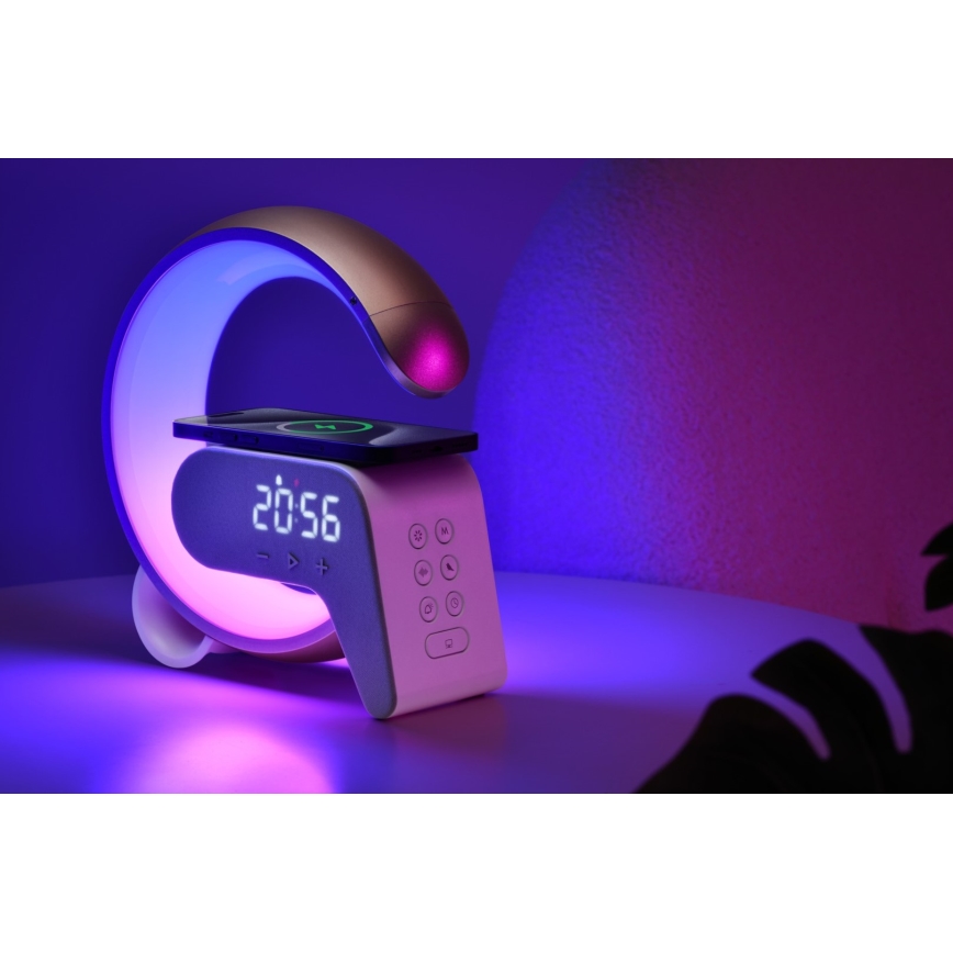 Dimmbare LED-RGB-Tischleuchte mit Wecker und Qi-Aufladung 30W/230V golden