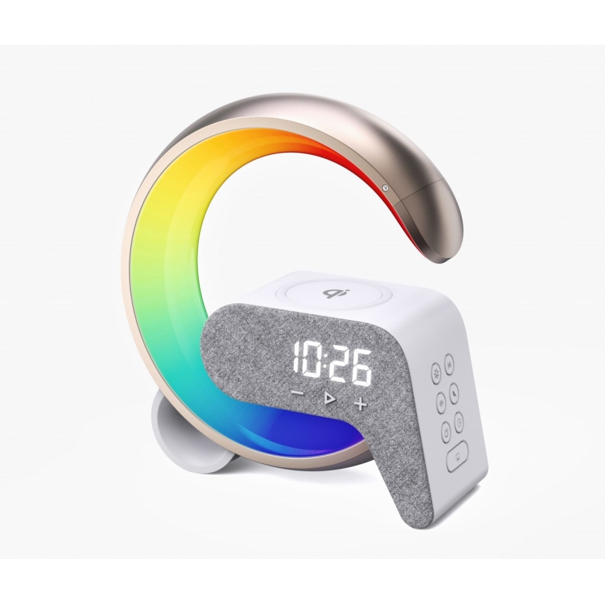 Dimmbare LED-RGB-Tischleuchte mit Wecker und Qi-Aufladung 30W/230V golden