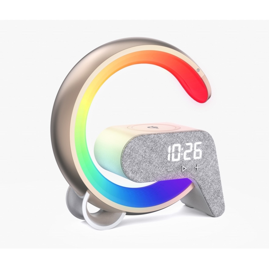 Dimmbare LED-RGB-Tischleuchte mit Wecker und Qi-Aufladung 30W/230V golden