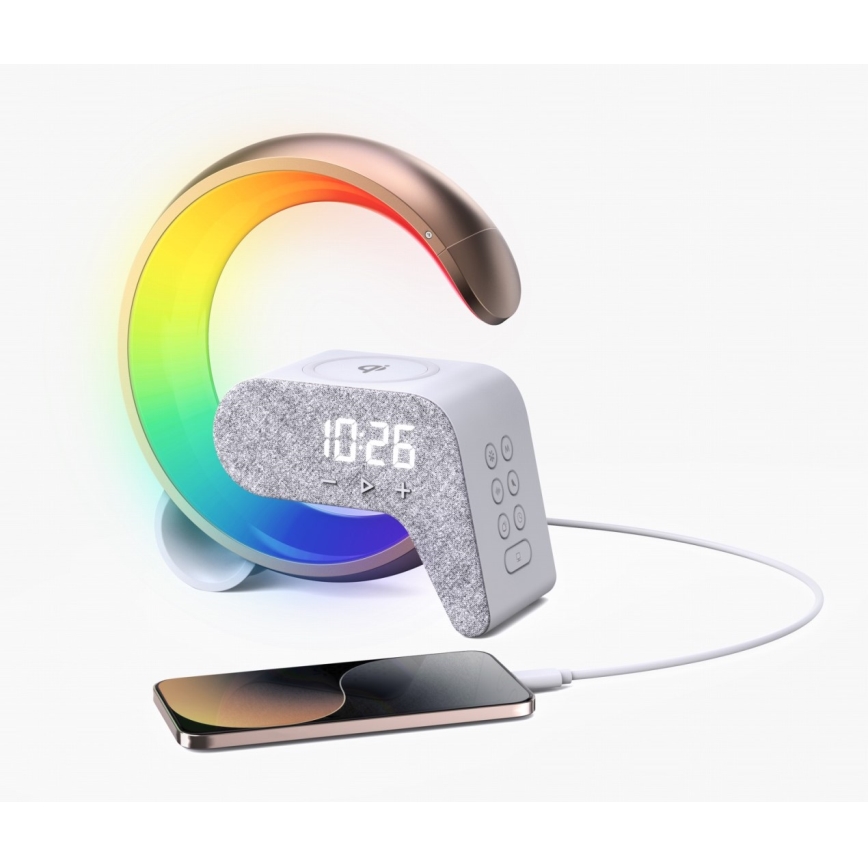 Dimmbare LED-RGB-Tischleuchte mit Wecker und Qi-Aufladung 30W/230V golden
