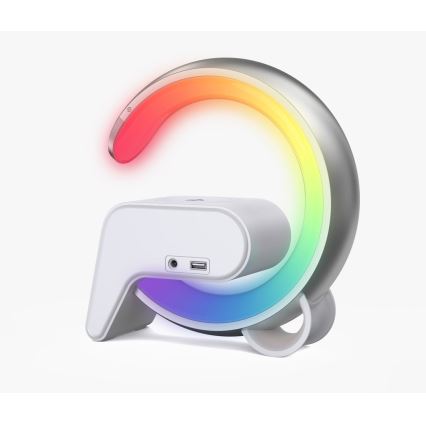 Dimmbare LED-RGB-Tischleuchte mit Wecker und Qi-Aufladung 30W/230V silbern