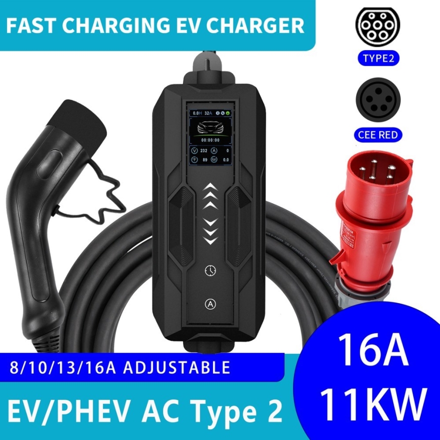 Immax - EV-Reiseladestation für Elektroautos AC Typ 2 16A/380V 11kW + Stecker 230V, 3,7kW 5m + Behälter
