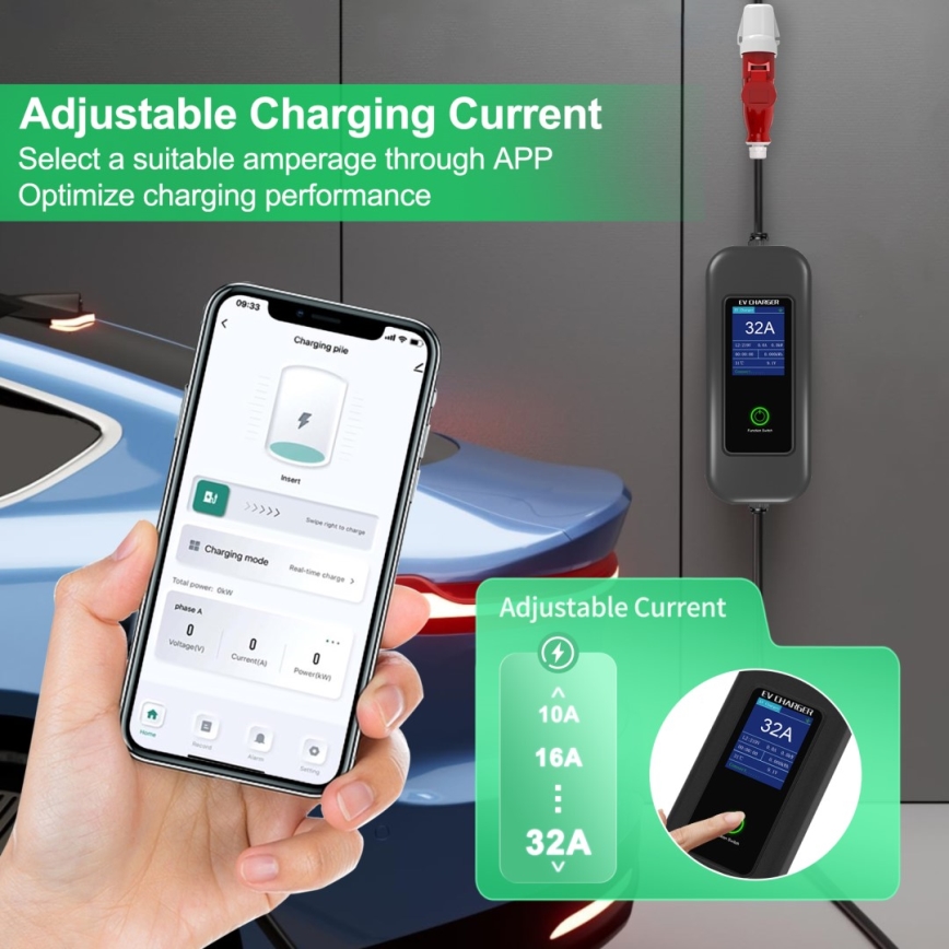 Immax - EV-Reiseladestation für Elektroautos AC Typ 2 32A/380V 22kW + Stecker 230V 5m Wi-Fi Tuya