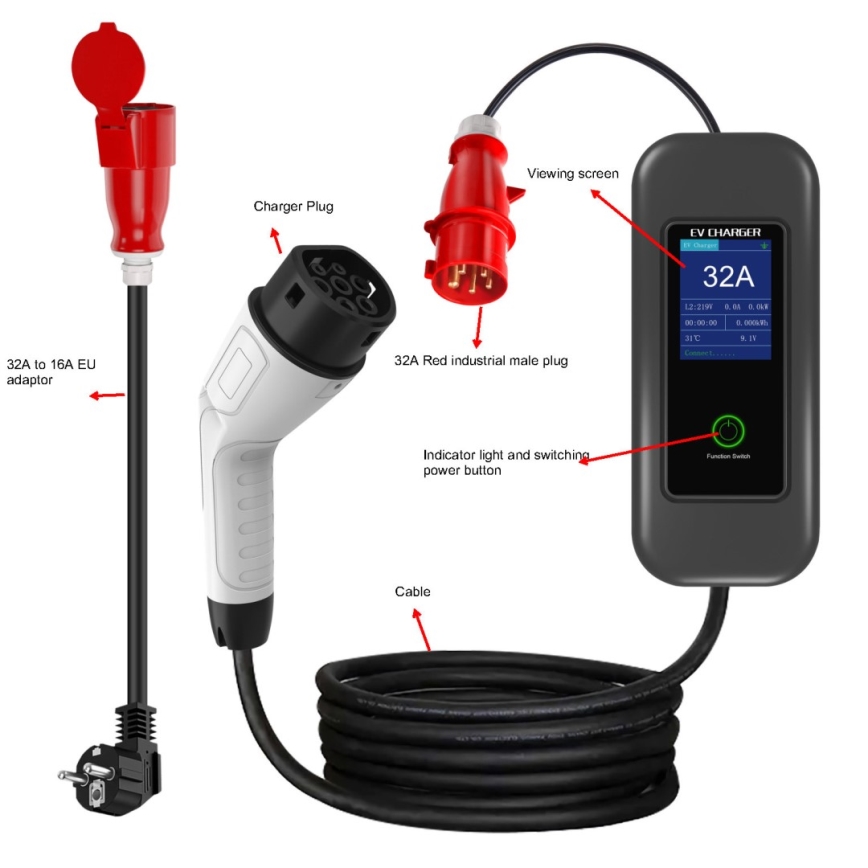 Immax - EV-Reiseladestation für Elektroautos AC Typ 2 32A/380V 22kW + Stecker 230V 5m Wi-Fi Tuya