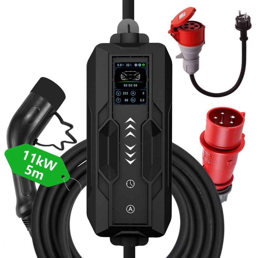 Immax - EV-Reiseladestation für Elektroautos AC Typ 2 16A/380V 11kW + Stecker 230V, 3,7kW 5m + Behälter