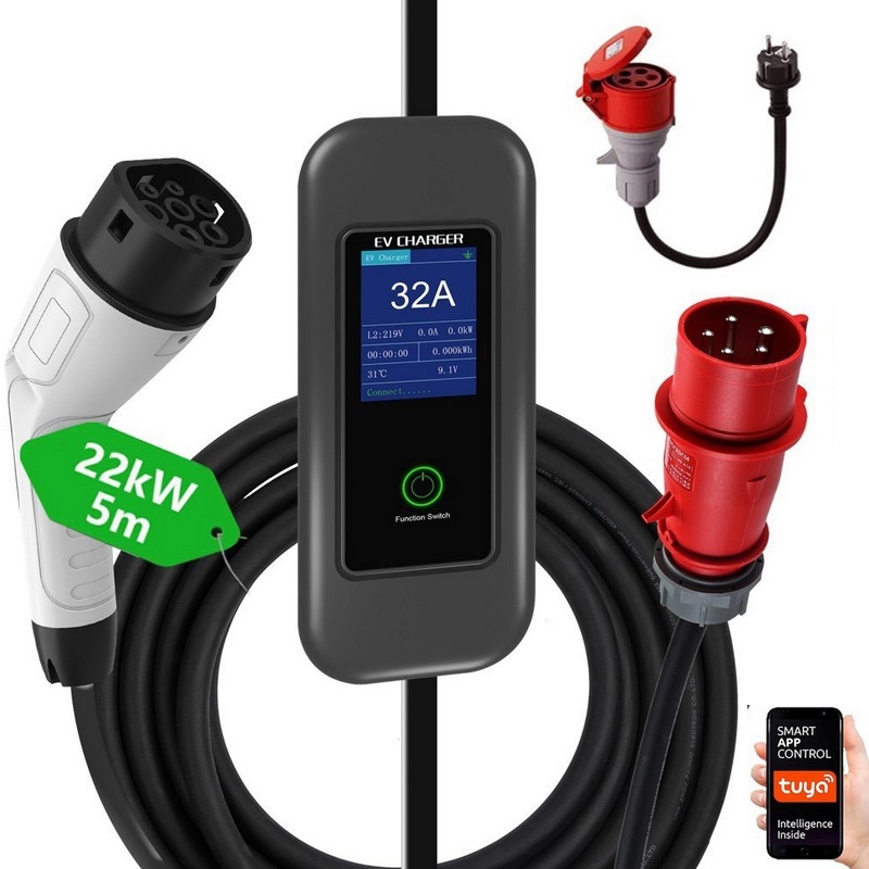 Immax - EV-Reiseladestation für Elektroautos AC Typ 2 32A/380V 22kW + Stecker 230V 5m Wi-Fi Tuya