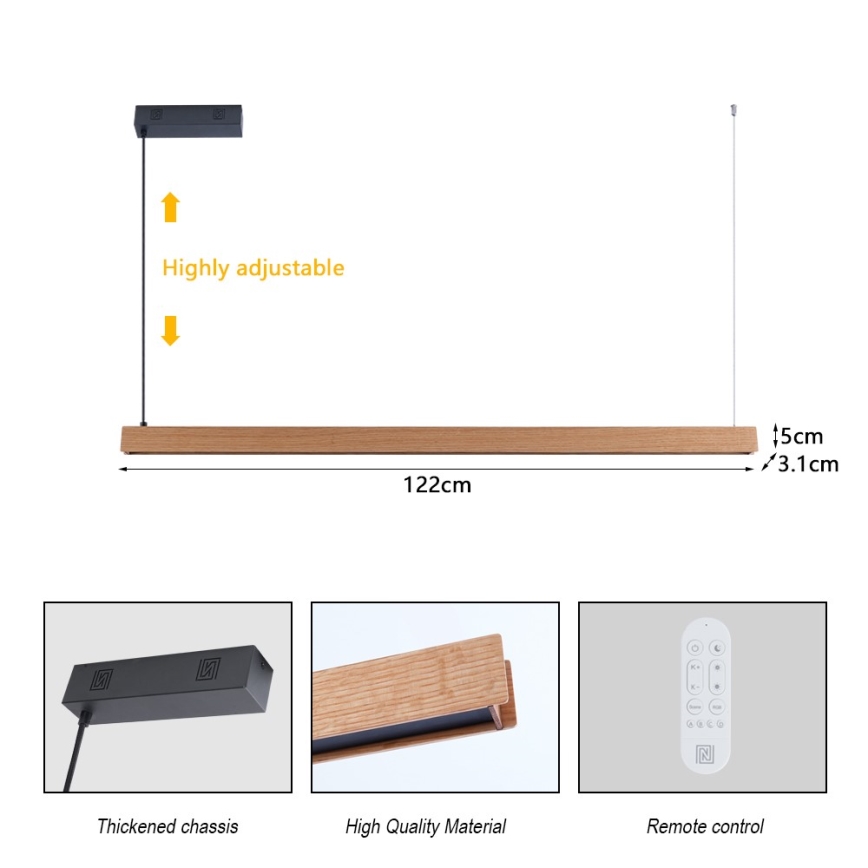 Immax NEO 07303L - dimmbare LED-Pendelleuchte mit Kabelaufhängung MADEIRA LED/26W/230V Wi-Fi Tuya 122 cm Eiche + Fernbedienung