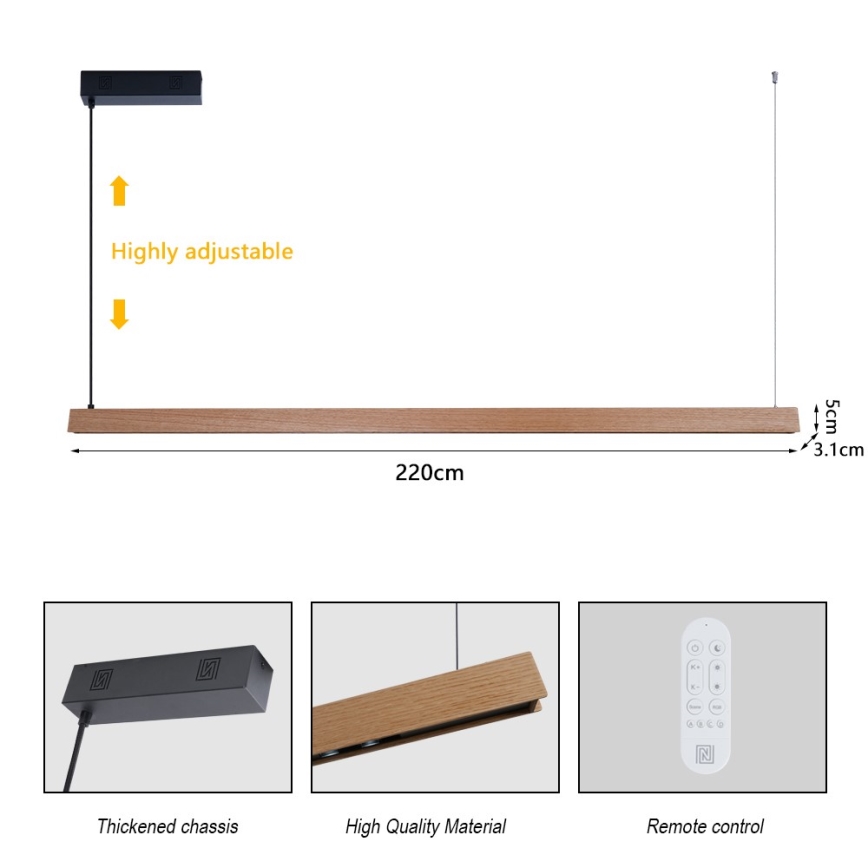Immax NEO 07305L - LED-dimmbare Pendelleuchte an Seil MADEIRA LED/44W/230V Wi-Fi Tuya 202 cm Eiche + Fernbedienung