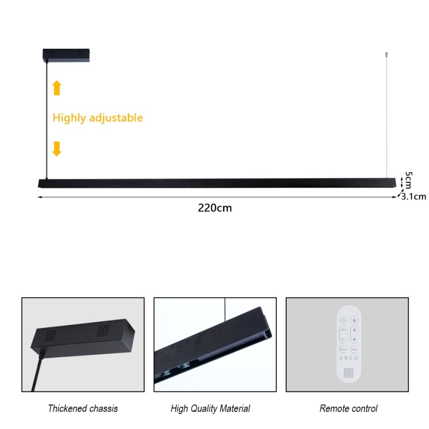 Immax NEO 07308L - LED-dimmbarer Pendelleuchte an Kabel MADEIRA LED/44W/230V Wi-Fi Tuya 202 cm schwarz + Fernbedienung