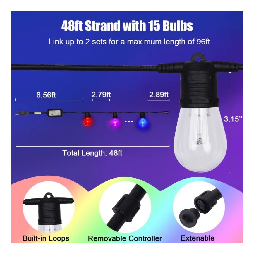 LED RGB + CCT Dimmbare Outdoor-Lichterkette GARLAND 15xLED/1W/230V 15m Wi-Fi Tuya IP65 + Fernbedienung