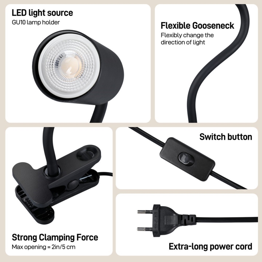 Immax NEO 08293L - Flexible Klemmleuchte PUNTO 1xGU10/9W/230V schwarz