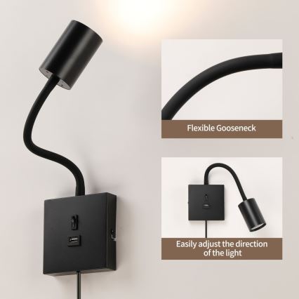 Immax NEO 08295L - Wandleuchte mit USB-Anschluss PUNTO 1xGU10/9W/230V schwarz