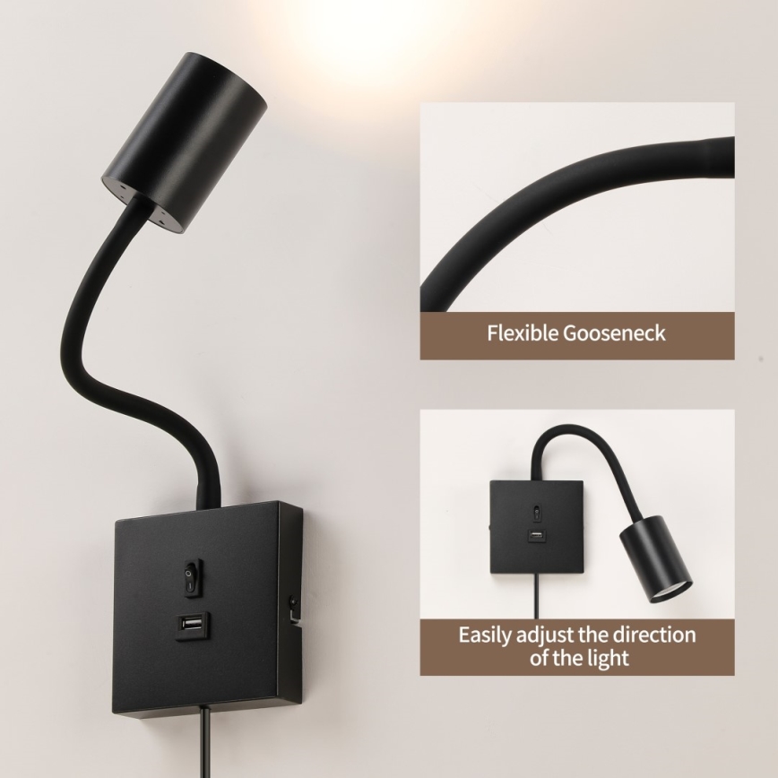 Immax NEO 08295L - Wandleuchte mit USB-Anschluss PUNTO 1xGU10/9W/230V schwarz