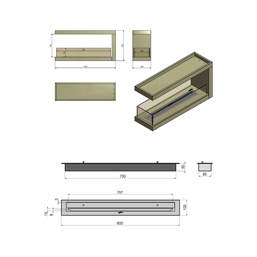 InFire – BIO-Eckkamin 100x50 cm 3kW bifazial