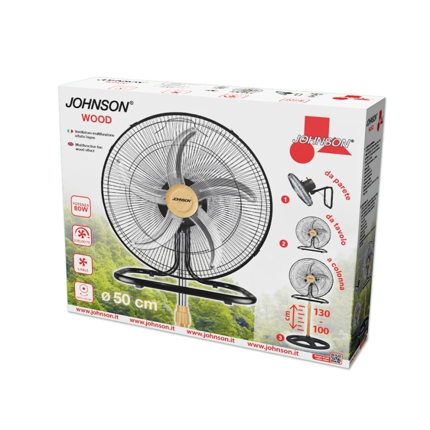 JOHNSON - Standventilator 3-in-1 WOOD 80W/230V Ø 50 cm schwarz/beige