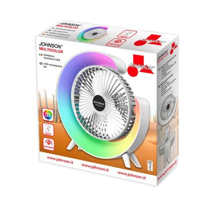 JOHNSON - LED RGB Wiederaufladbarer Tischventilator Mehrfarbig LED/5W/3,7V 1200 mAh Ø 14 cm Weiß