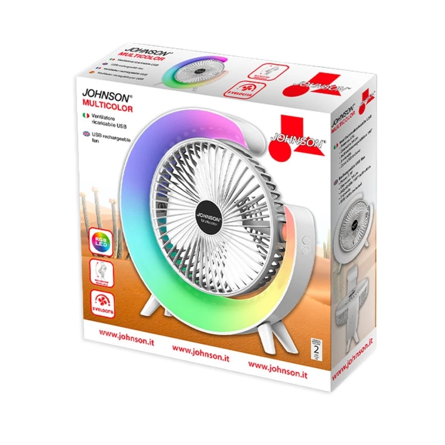 JOHNSON - LED RGB Wiederaufladbarer Tischventilator Mehrfarbig LED/5W/3,7V 1200 mAh Ø 14 cm Weiß
