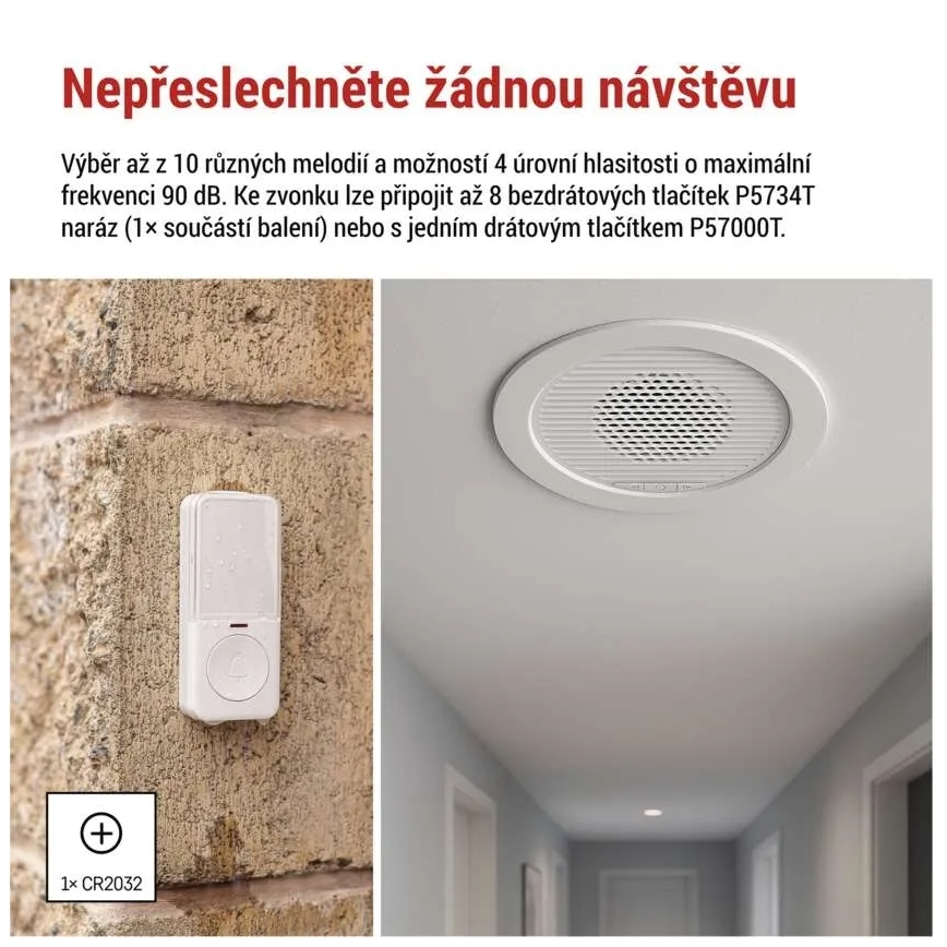 Kabellose Einbau-Türklingel 230V + 1xCR2032 weiß