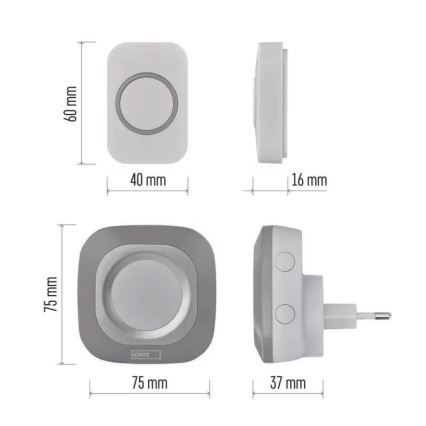 Kabellose Steckdosen-Türklingel 230V + 1xCR2032 IP44 grau