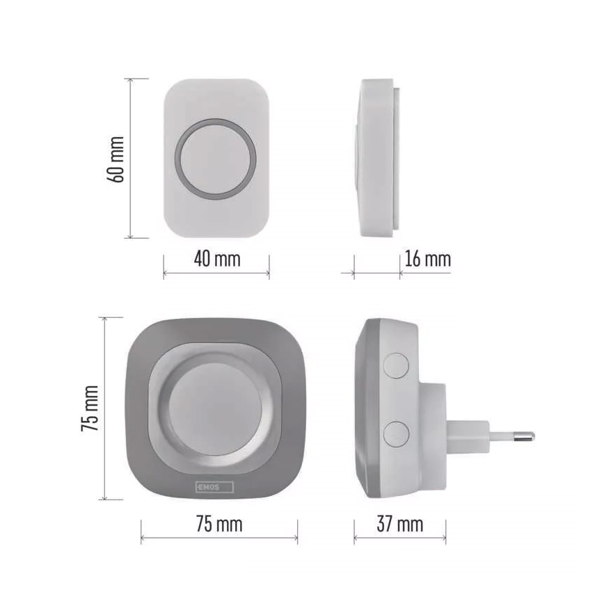 Kabellose Steckdosen-Türklingel 230V + 1xCR2032 IP44 grau