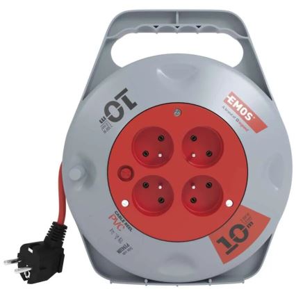 Kabeltrommel mit 4 Steckdosen, 10 m, grau/rot