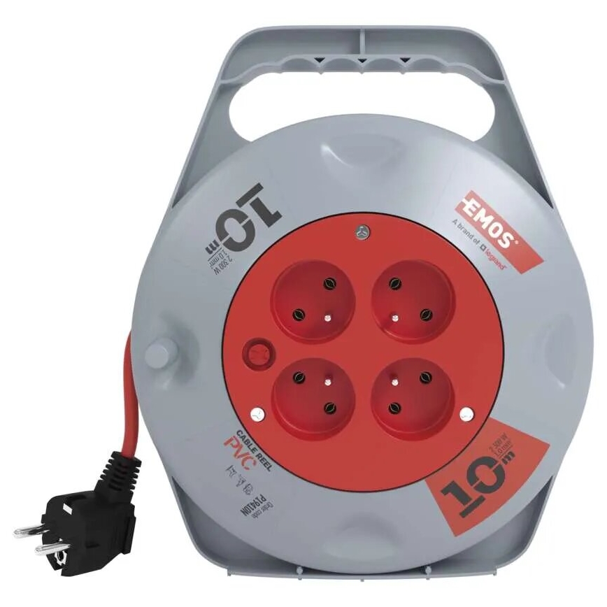 Kabeltrommel mit 4 Steckdosen, 10 m, grau/rot