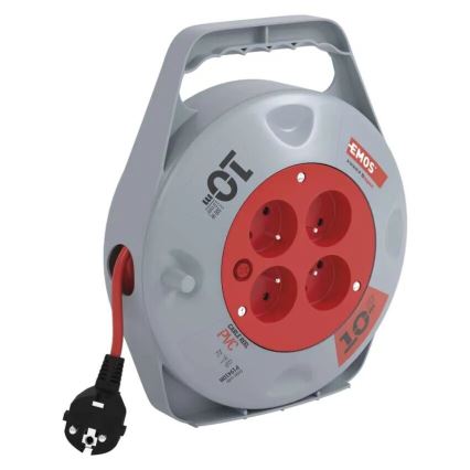 Kabeltrommel mit 4 Steckdosen, 10 m, grau/rot